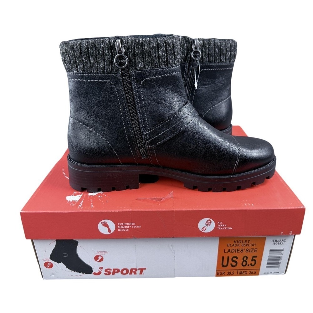 JSPORT Boots Womens Size 8.5 Black Faux Leather Ankle Bootie Buckle‎ Zip S5VLT01